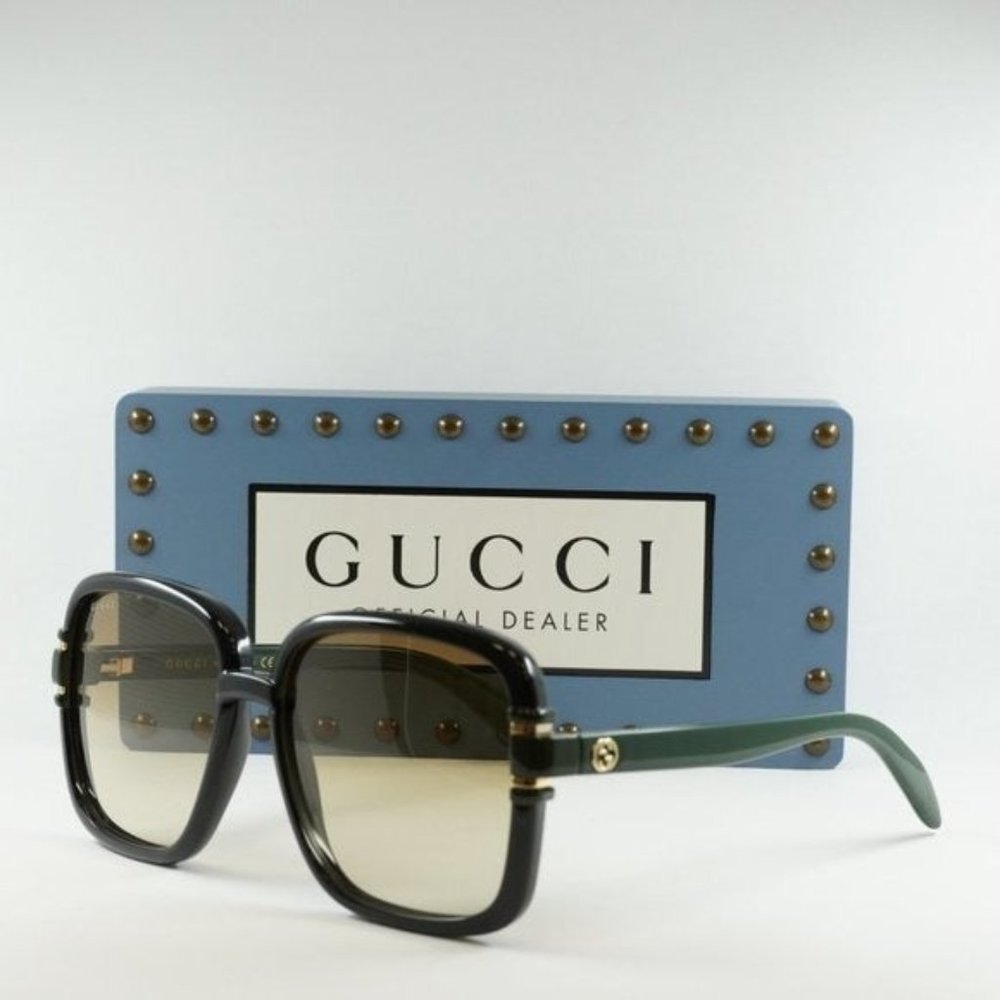 FINAL PRICE NEW GUCCI GG1066S 003 BLACK GREEN BROWN SQUARE WOMENS SUNGLA… - Picture 1 of 12